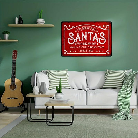 Retro Santa Workshop Metal Tin Sign Christmas Wall Decor 8x