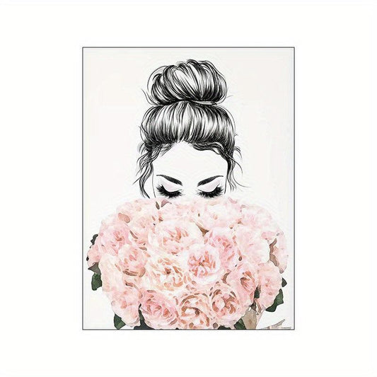 Abstract Canvas Painting of Woman Holding Flowers