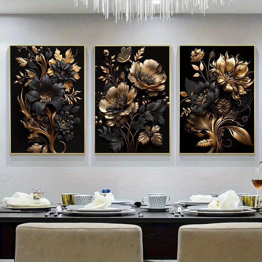 3pcs Golden Flower Poster Modern Wall Picture for Living Room Home Decor