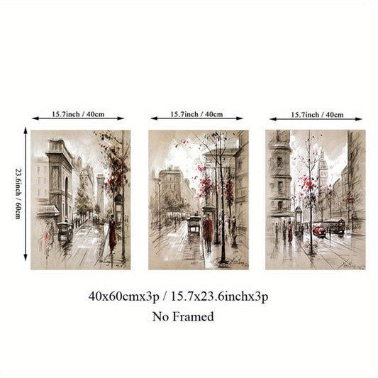 Set of 3 Abstract Canvas Paintings HD Prints Posters Retro City Street Landscape