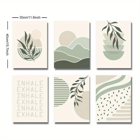 6pcs Boho Abstract Canvas Painting Green Botanical Art Poster