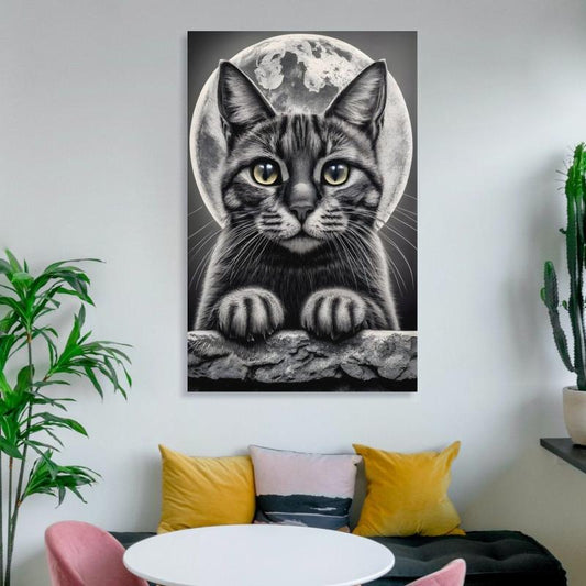 Canvas Poster Vintage Style Cat In Moonlight Ideal Wall Art Decor Fall