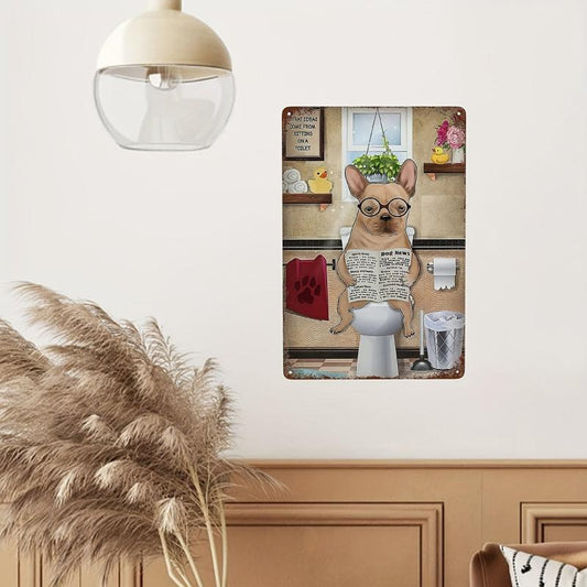 Bathroom Bulldog on Toilet Tin Sign Vintage Decor 12x8 In