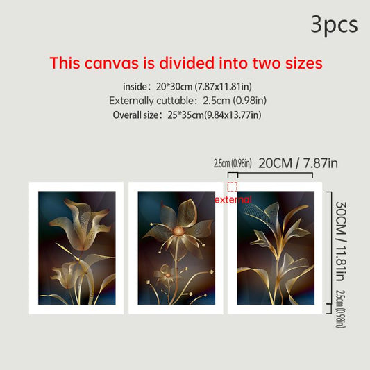 3pcs Abstract Canvas Painting Embroidery Golden Flower Gift