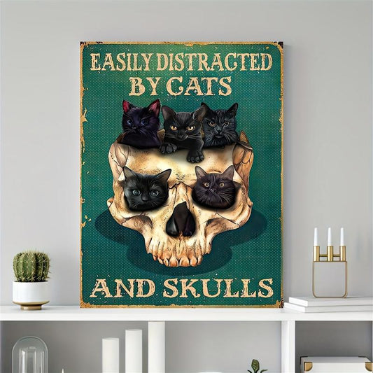 Skull and Cat Tin Sign Retro Vintage Metal Poster for Bar Wall Decor Green Backg