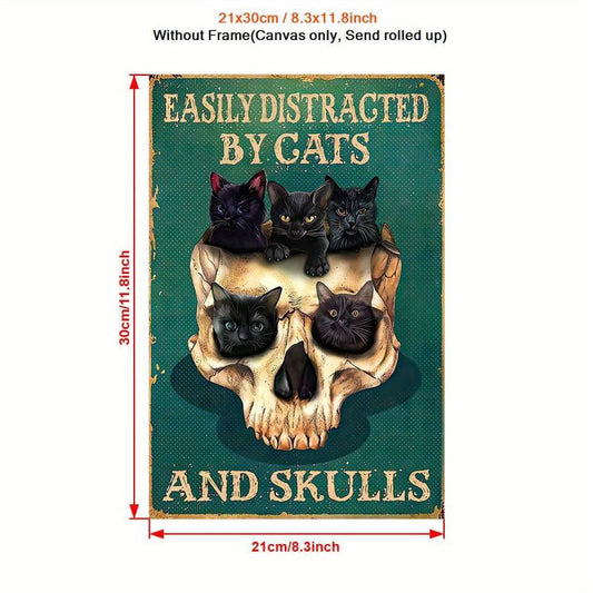 Skull and Cat Tin Sign Retro Vintage Metal Poster for Bar Wall Decor Green Backg
