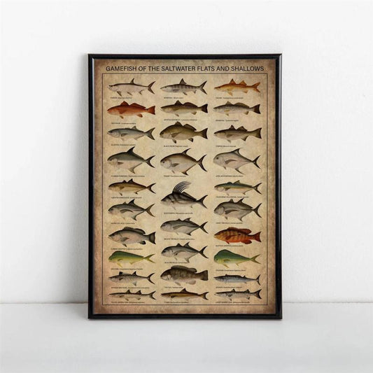Saltwater Flats Gamefish Chart Vintage Canvas Print Wall Decor