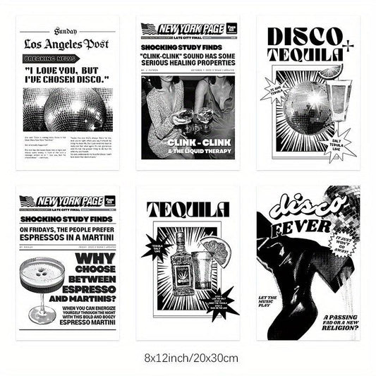 Set Of 6 Disco Tequila Posters Canvas Wall Art Retro Bar