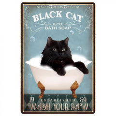 Funny Cat Decor Tin Sign Coffee Cat Wash Your Paws Cat Metallic Sign