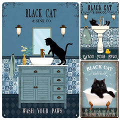 Funny Cat Decor Tin Sign Coffee Cat Wash Your Paws Cat Metallic Sign