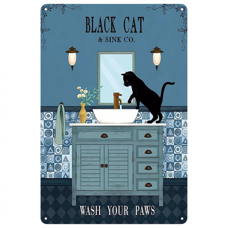 Funny Cat Decor Tin Sign Coffee Cat Wash Your Paws Cat Metallic Sign