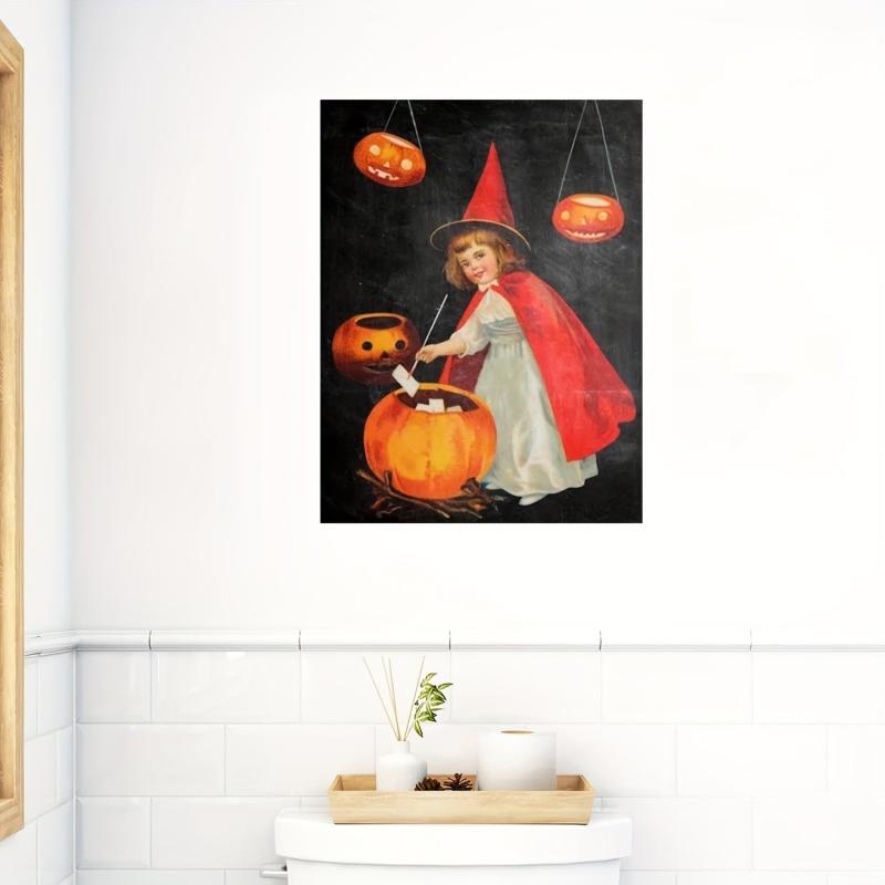 Canvas Poster Retro Art Halloween Vintage Pumpkin Young Witch Art Print