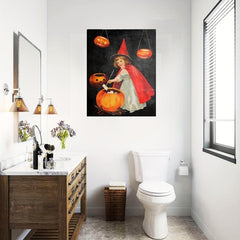Canvas Poster Retro Art Halloween Vintage Pumpkin Young Witch Art Print