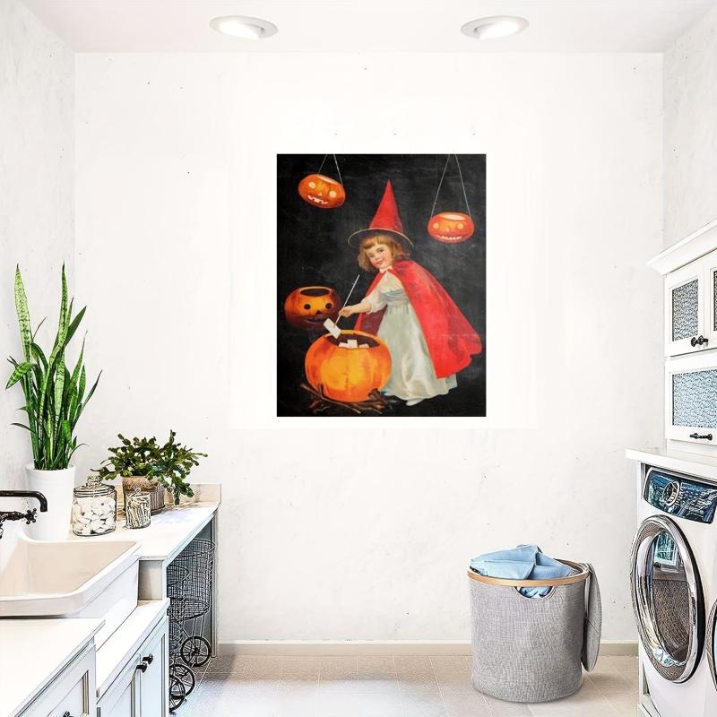 Canvas Poster Retro Art Halloween Vintage Pumpkin Young Witch Art Print