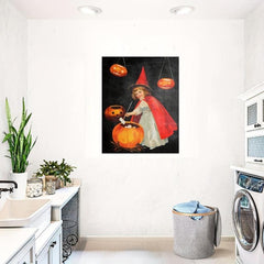 Canvas Poster Retro Art Halloween Vintage Pumpkin Young Witch Art Print