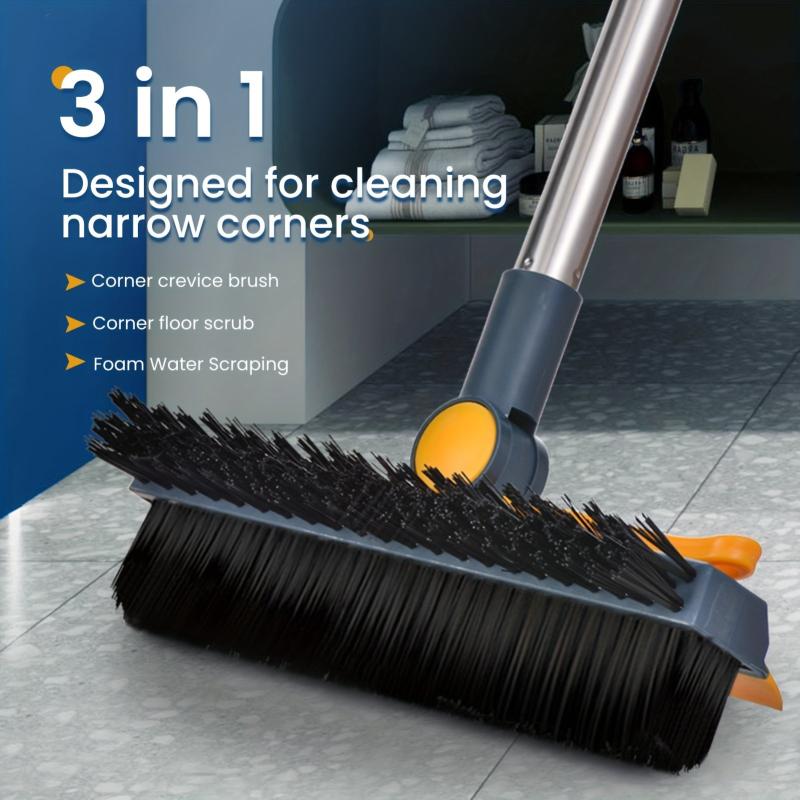 3-in-1 Floor Scrub Brush with Scraper & V-Shaped Head - Adjustable Long Handle