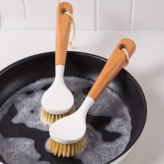 Bamboo Handle Dish Brush Scrubber with Scraper, Kitchen Sink Cleaning