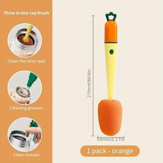 Carrot Cup Cleaning Brush 3-in-1 Long Handle Sponge Silicone Bottle Brush