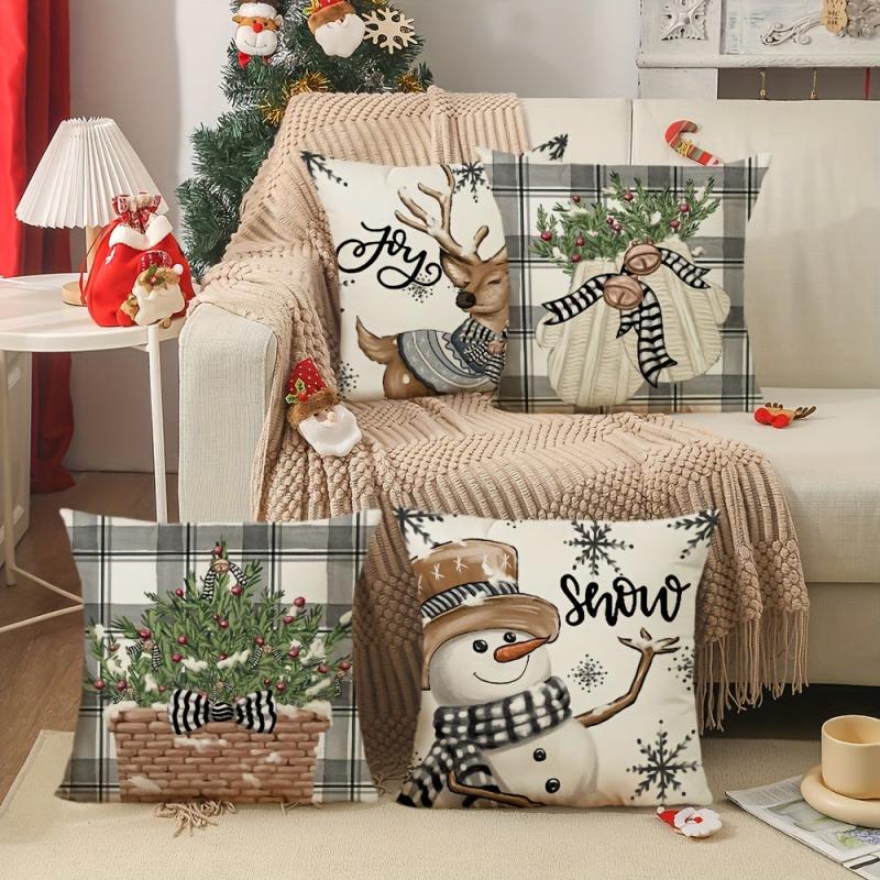 Winter Deer Snowman Christmas Tree Cushion Cover 18x18 Inches