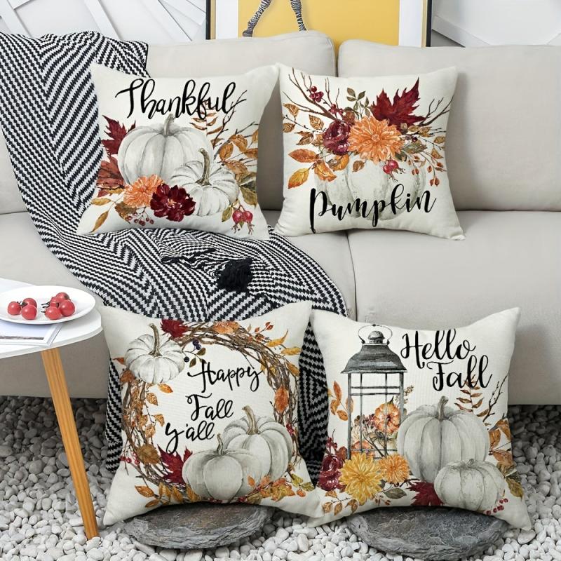 Autumn Pumpkin Drop Leaf Linen Blend Pillow Cover