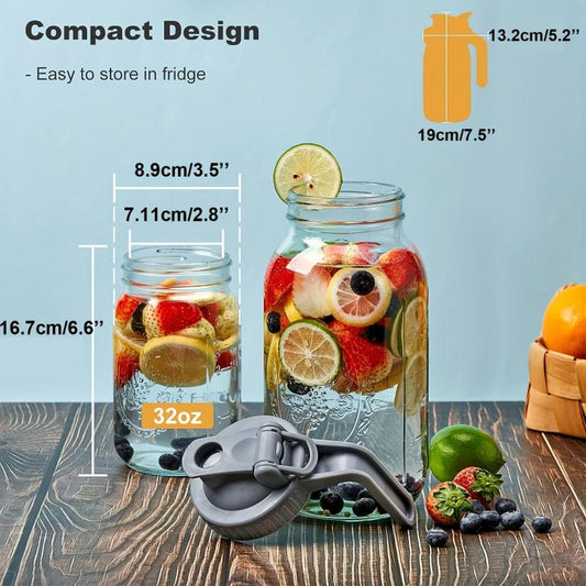 32 oz Mason Jar Pitcher Glass Jug w/ Pour Spout Handle Lid