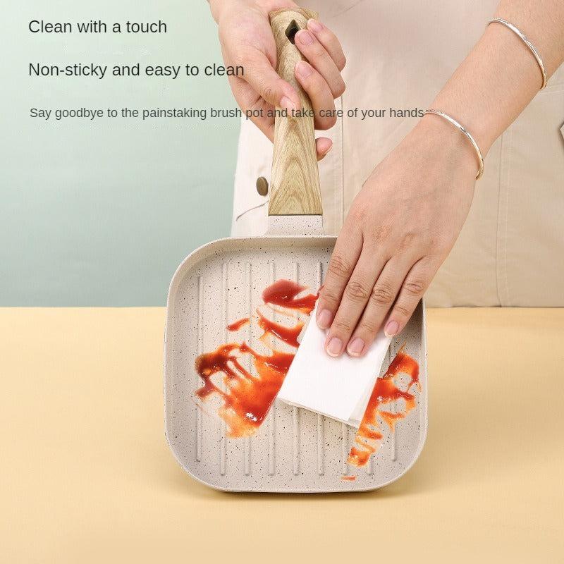 Striped Wooden Handle Steak Frying Pan Non Stick Skillet Egg Fry Pan