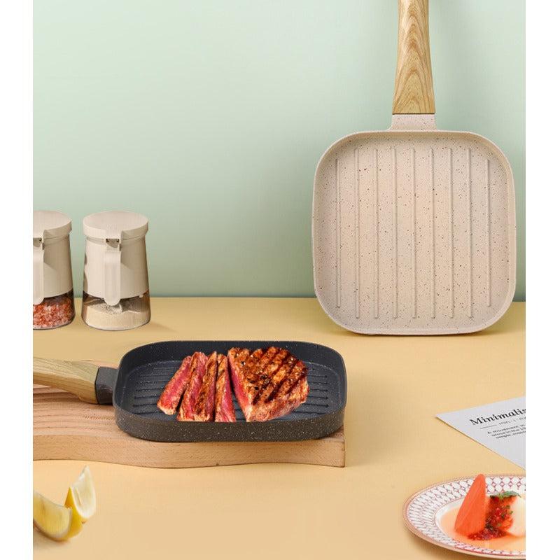Striped Wooden Handle Steak Frying Pan Non Stick Skillet Egg Fry Pan