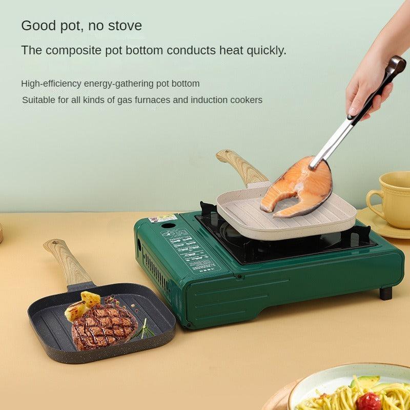 Striped Wooden Handle Steak Frying Pan Non Stick Skillet Egg Fry Pan