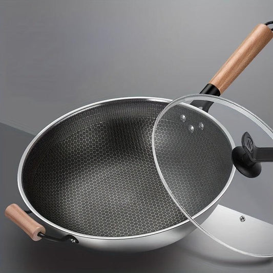 Non Stick Wok With Lid 32 Stainless Steel Honeycomb Coating Deep Frying Pan