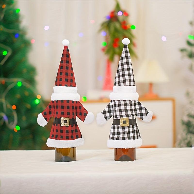 Christmas Wine Bottle Cover Red Plaid Gnome Gift Bags Xmas Party Decorations