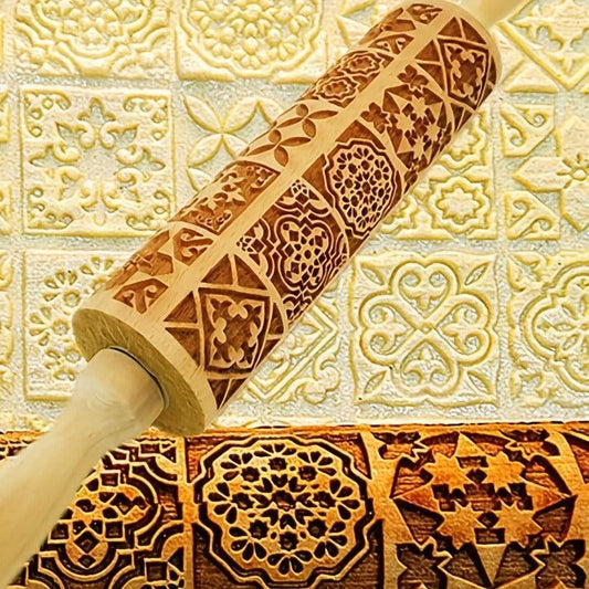 Vintage Pattern Embossing Rolling Pin Wooden Dough Roller Kitchen Utensil