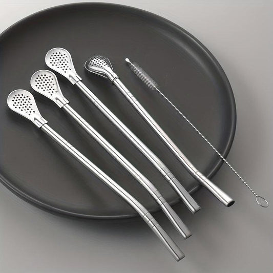 4pcs Stainless Steel Straws w/ Filter Spoon Perfect for Yerba Mate Tea