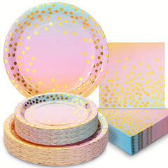 30pcs 10 Guest Party Supplies Disposable Tableware Set Pink Golden Decor
