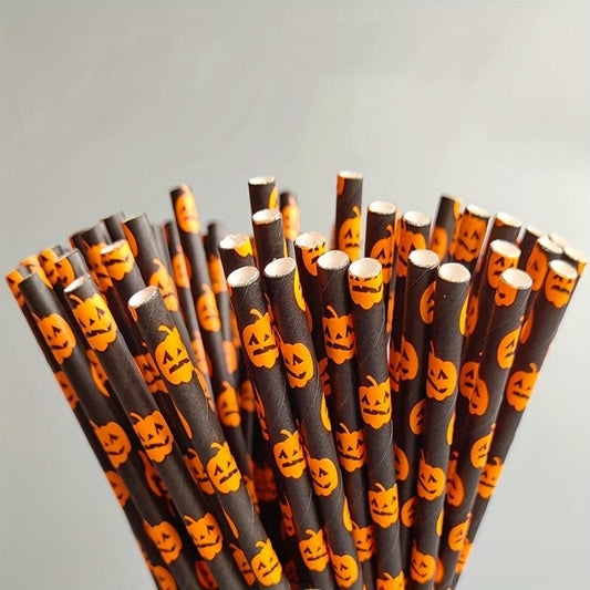 25pcs Halloween Paper Straws Pumpkin Bat Spider Web Pattern Orange Biodegradable