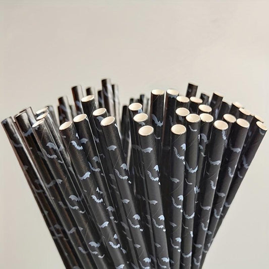 25pcs Halloween Paper Straws Pumpkin Bat Spider Web Pattern Orange Biodegradable