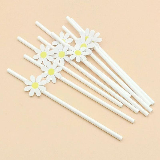 50pcs Daisy Flower Straws Disposable Paper Straws Summer Drinkware