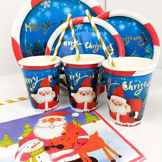 Disposable Christmas Dinnerware Set Paper Plates Napkins Cups Party Decoration