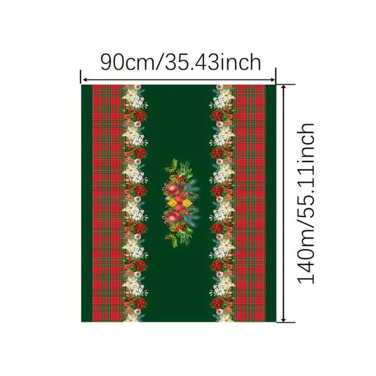 Polyester Tablecloth Merry Christmas Red Green Plaid Bell Floral Pattern
