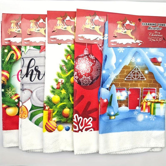 5pcs Polyester Hand Towels Christmas Dish Cloths Cleaning Cloth
