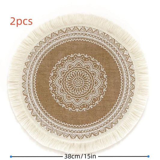 2PCS Boho Jute Placemat Round Woven Table Mat