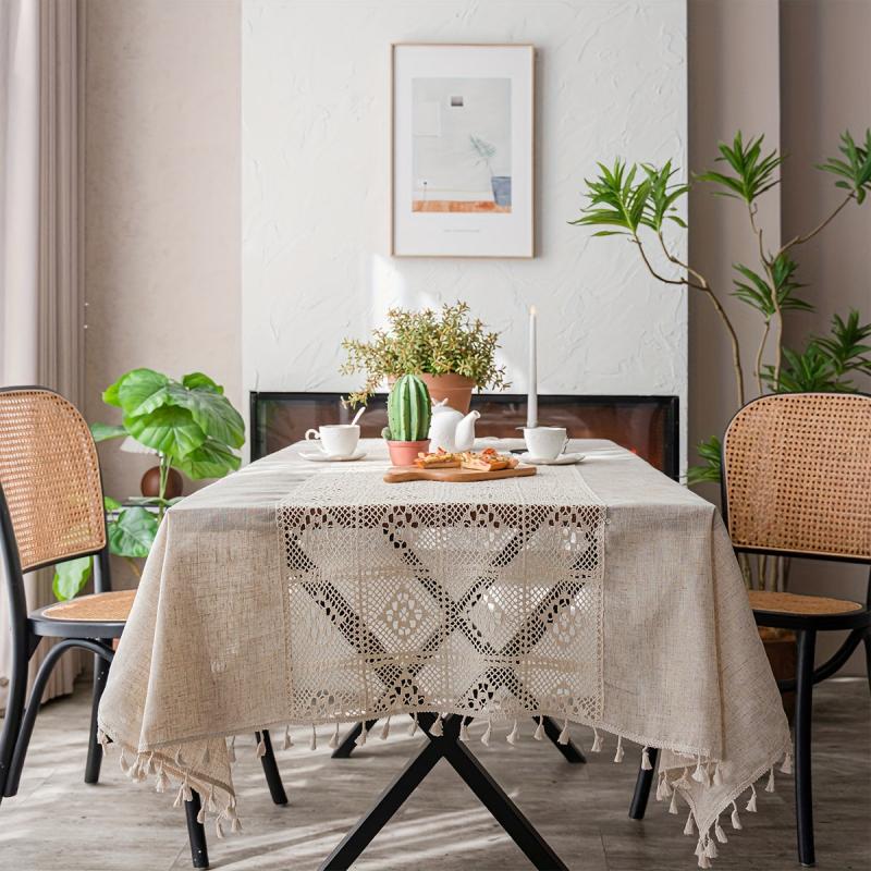 Polyester Linen Mosaic Rice Crochet Tablecloth Waterproof Tablecover