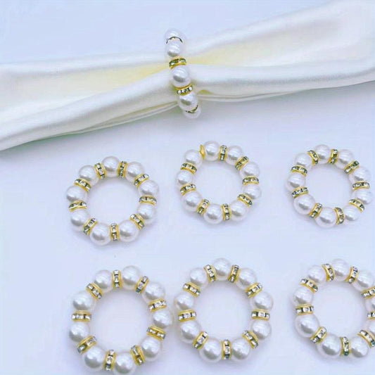 12pcs Pearl Rhinestones Napkin Rings Cast Iron Polished Metal Rings