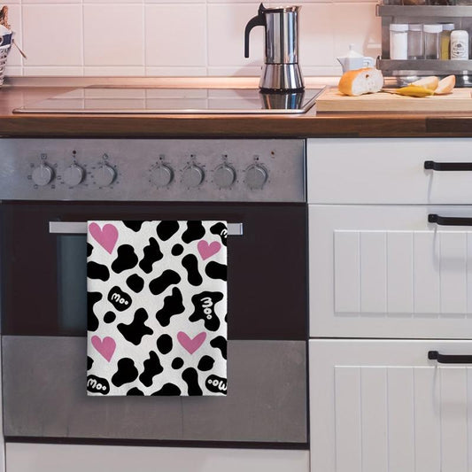2pcs Cow Print Heart Kitchen Hand Towel Dish Cloths Soft Absorbent Cleaning