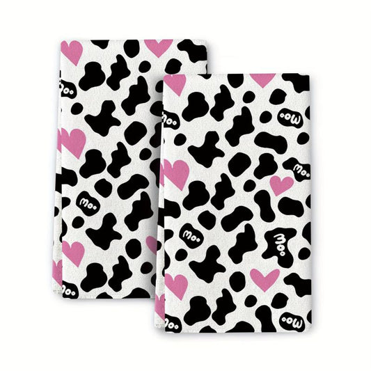 2pcs Cow Print Heart Kitchen Hand Towel Dish Cloths Soft Absorbent Cleaning