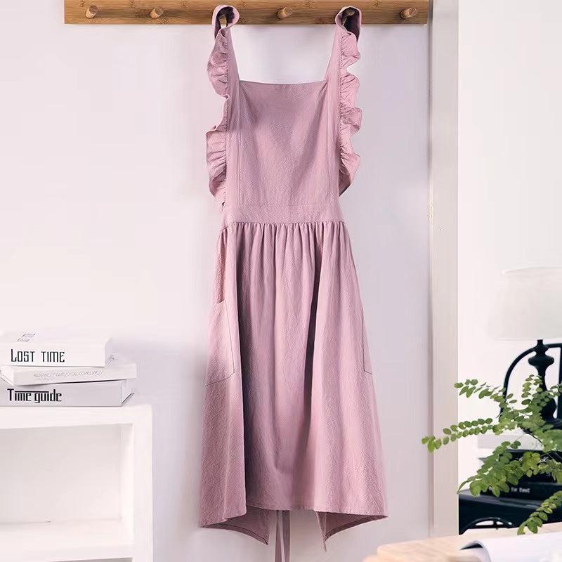 Ruffled Linen Apron X Back Apron with Pockets