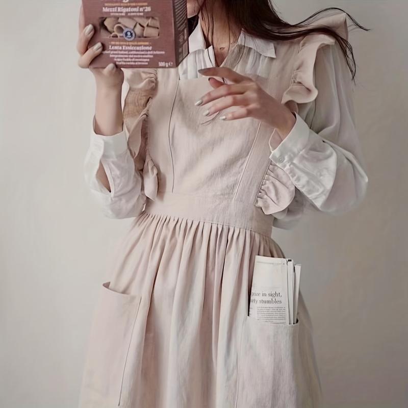 Ruffled Linen Apron X Back Apron with Pockets
