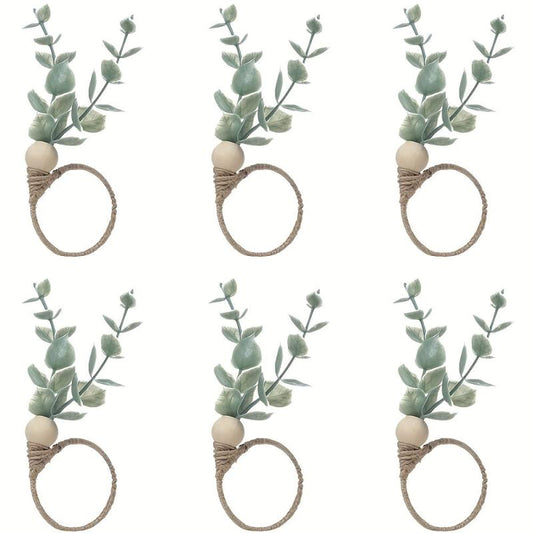 6pcs Eucalyptus Wooden Napkin Rings Boho Leaf Wood Bead Farmhouse Spring