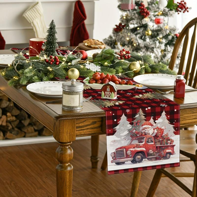 Polyester Merry Christmas Table Runner Red Plaid Santa Claus Printed Table Cover