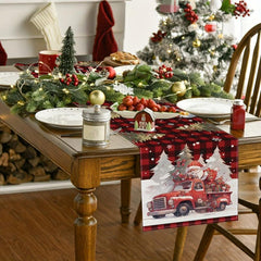 Polyester Merry Christmas Table Runner Red Plaid Santa Claus Printed Table Cover