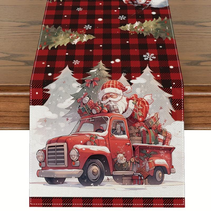 Polyester Merry Christmas Table Runner Red Plaid Santa Claus Printed Table Cover